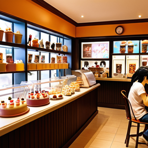 Home 4 **Prompt:** A cozy figure cafe interior, shelves lined with various anime and game character figures, customers enjoying character-themed lattes and desserts, warm lighting, happy atmosphere, diverse collection of figures, art style.