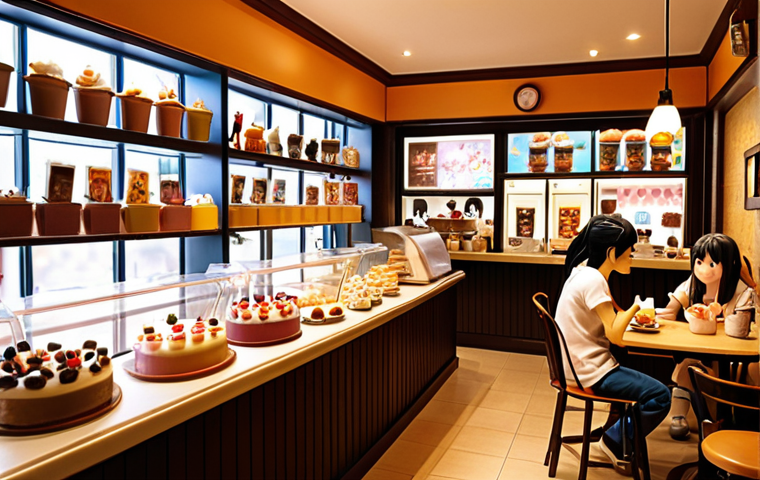 **Prompt:** A cozy figure cafe interior, shelves lined with various anime and game character figures, customers enjoying character-themed lattes and desserts, warm lighting, happy atmosphere, diverse collection of figures, art style.